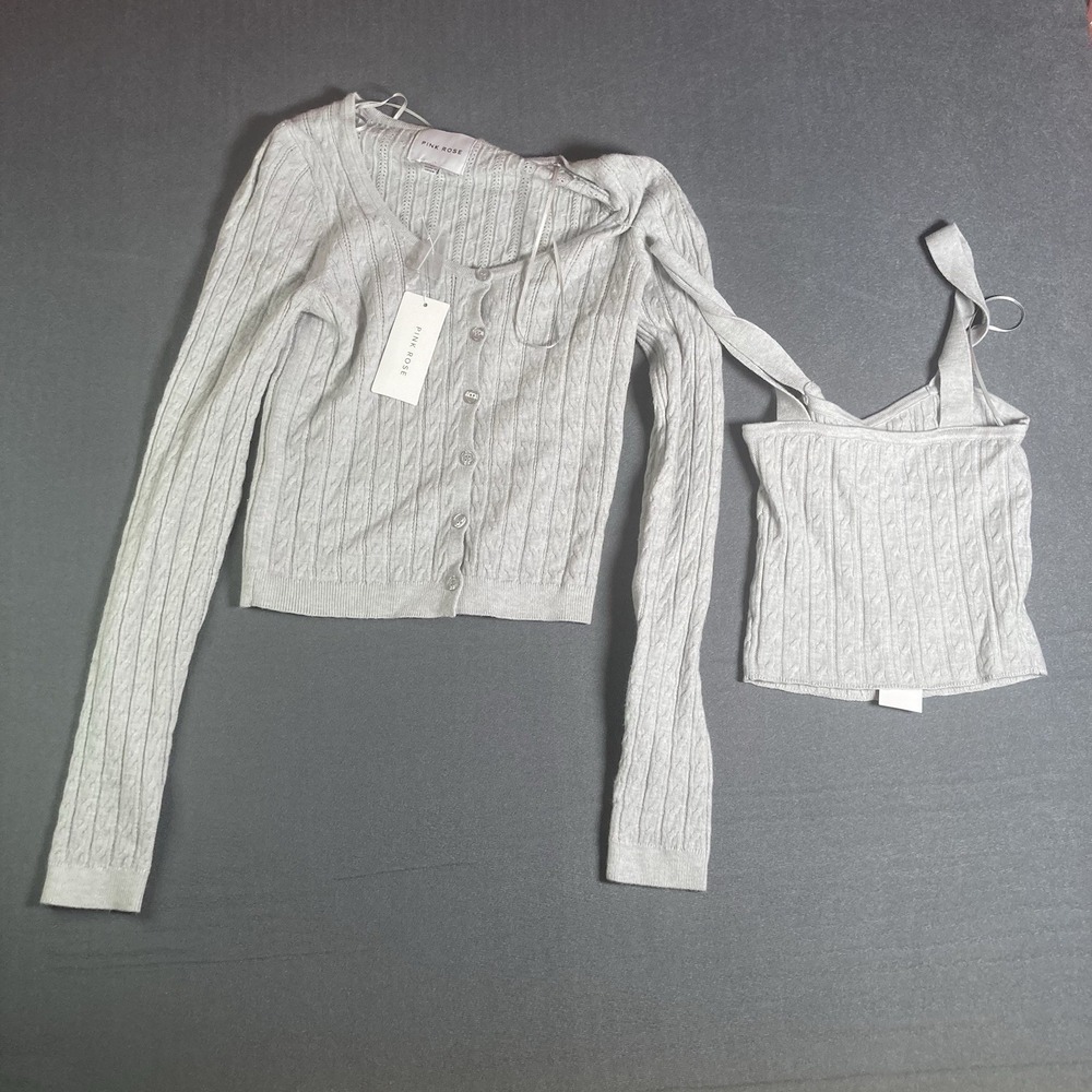NWT Pink Rose Cable Knit Cropped Cardigan Sweater & Tank Top Set Gray XS Comfy